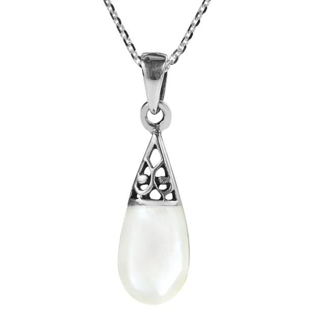 Filigree Swirl Teardrop Mother of Pearl Inlay Sterling Silver Necklace