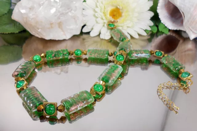 2er SET Collier + Ohrringe / GLAS Perlen GRÜN Goldsand + Crackle Glas / ML 51 cm 3