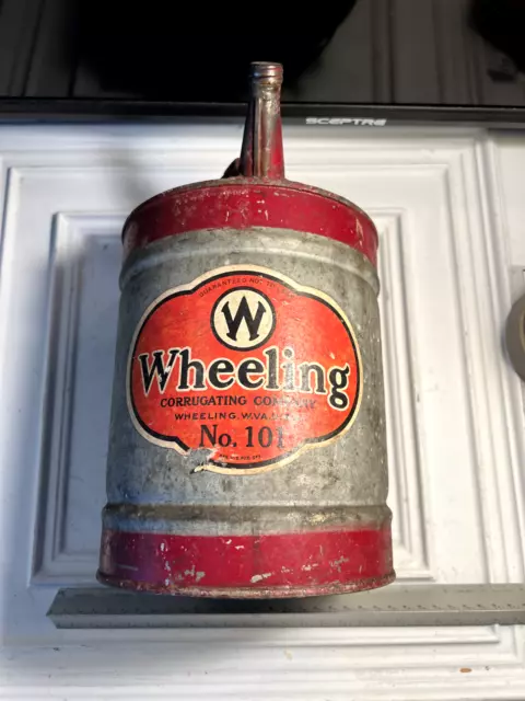 Vintage Wheeling Corrugating Company Metal Oil Gas Can Advertising Wooden Handle