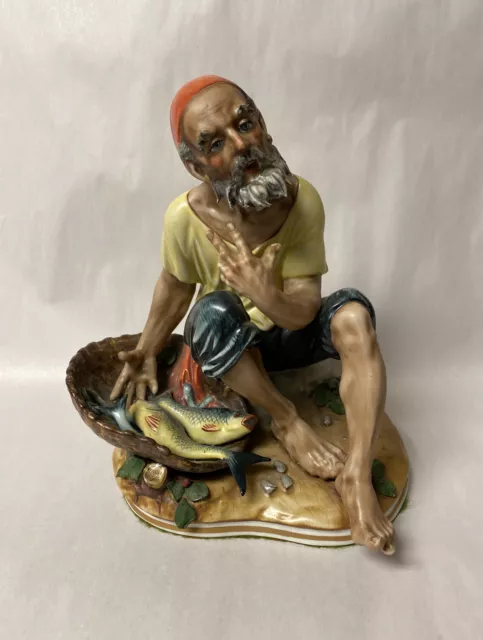 Large Capodimonte Dresden West Germany Fisherman Statue Figurine Full Color 10”H