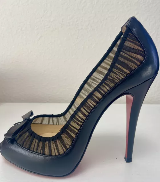 CHRISTIAN LOUBOUTIN BLACK OPEN TOE Chiffon HEELS 38 with Repair Kit