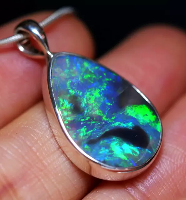 Australian Natural Lightning Ridge Dark Crystal Solid Opal Silver Pendant