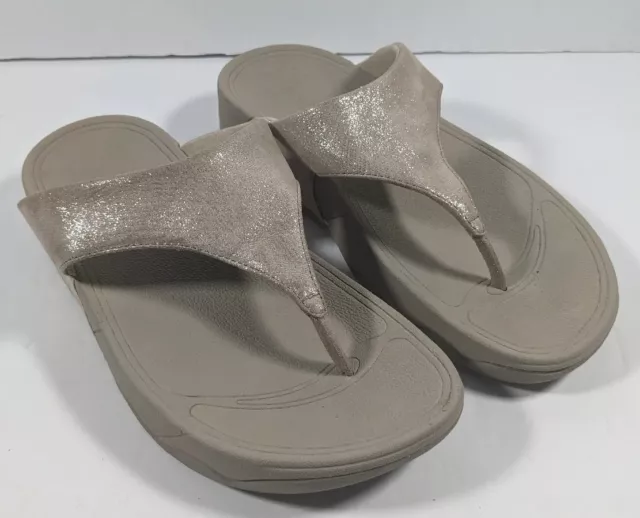 FitFlop Lulu Sandals Women's 7 White Beige Shimmer Suede Toe Post Thong Slip On