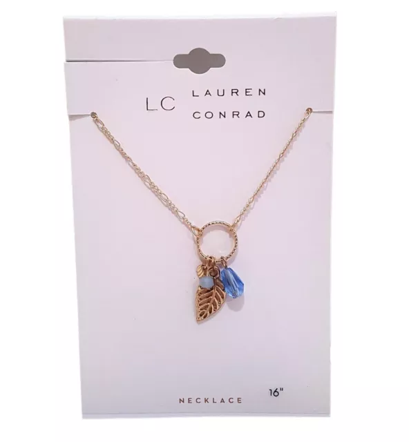 Lc Lauren Conrad Gold Plated Blue Leaf Charm Choker Necklace Nwt 16"
