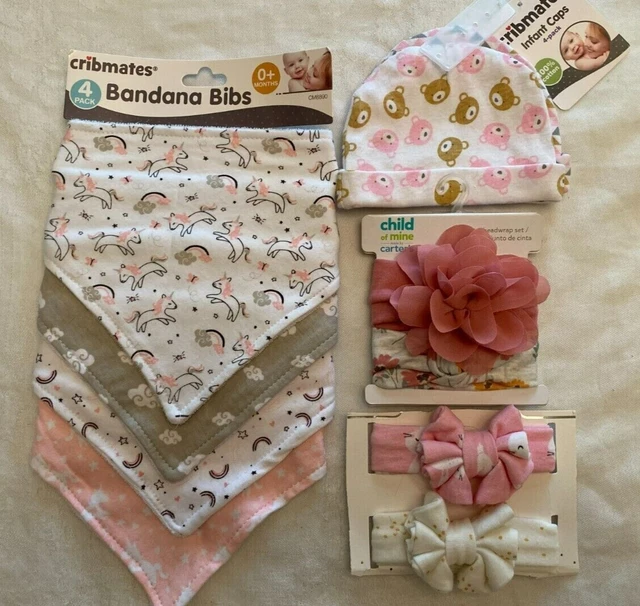 Baby Lot Cribmates Bandana Bibs & Infant Caps / Carters Head Wrap Bows Set NWT