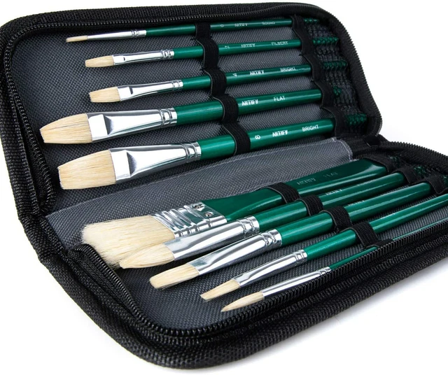 Set di 10 pennelli per pittura a pelo di maiale, con custodia per il trasporto