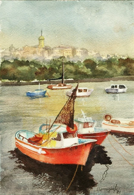 ACUARELA ORIGINAL DE BERRUGUETE, CASTROPOL, BAHÍA Watercolour Aquarelle  OFERTA
