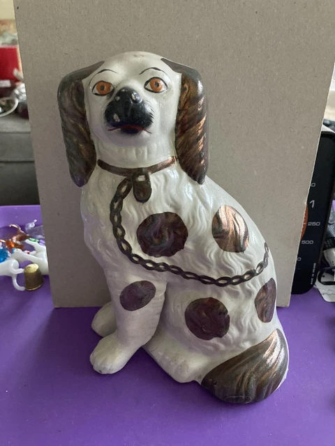 Old Staffordshire Pottery Spaniel Dog Figure,Wally Ornament,Copper Lustre,White