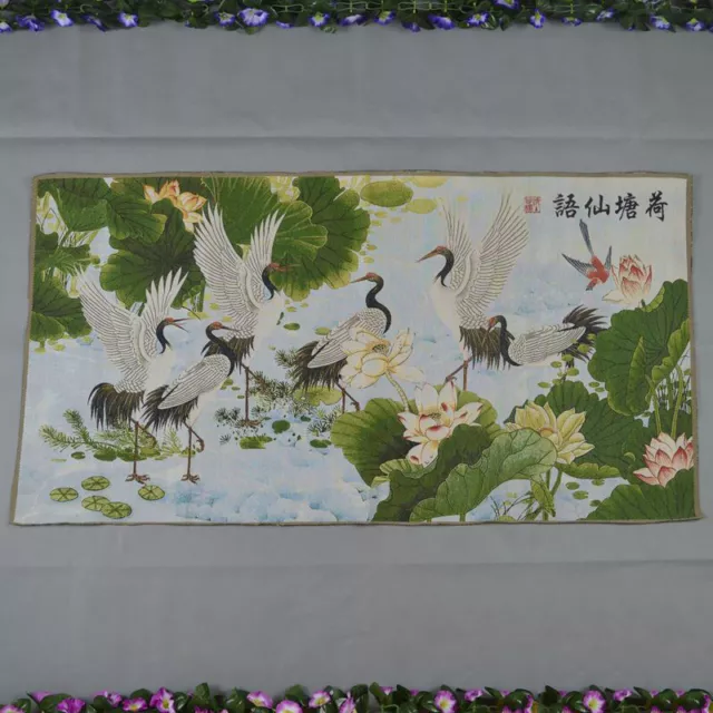 Chinese Silk Fabric Embroidery Lotus&Crane "He Tang Xian Yu" Cloth Painting