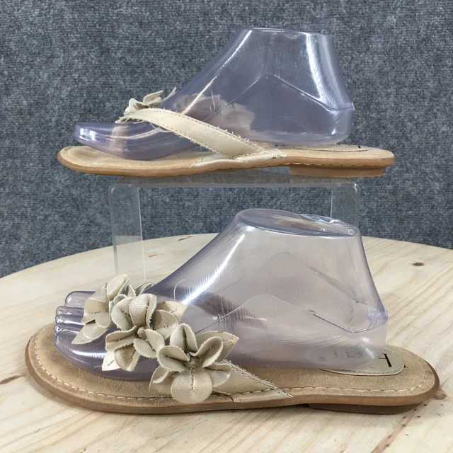 BOC Sandals Womens 9 M Flowers Thong Slip On Flats Beige Faux Leather Open Toe