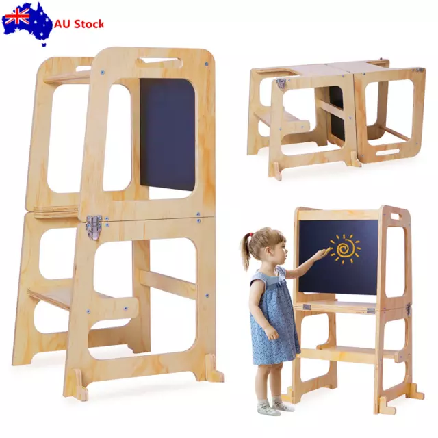 Kids Kitchen Step Stool Toddler Step Ladder Wooden Learning Tower W/ Blackboard