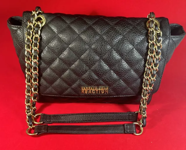 Kenneth Cole Reaction Shoulder Purse Bag Double Chain Handles Quilted Black