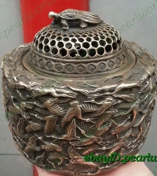 Archaic Bronze carved myriad crane tortoise censer Incense Burnerss Signed