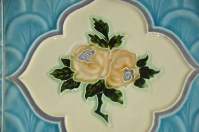 2 Pc Vintage Rose Flower Embossed Art Nouveau Architecture Tiles,Japan 2