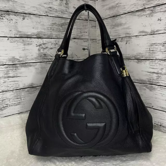 GUCCI Soho Interlocking G Shoulder Bag Leather Black Used/No Shoulder Strap