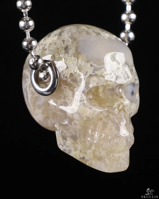1.2" Green Moss Agate Carved Crystal Skull Pendant With 925 Sterling Silver