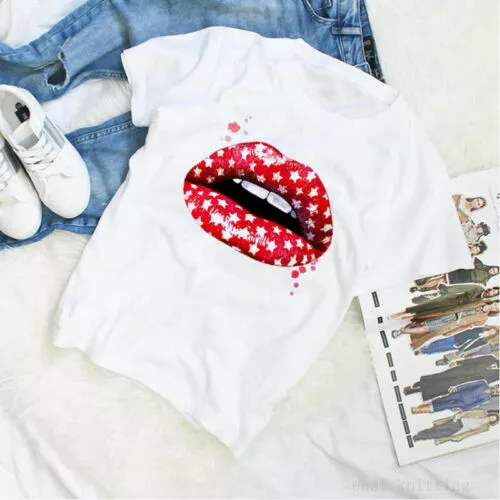 Printed Women Sleeve Round Blouse Neck Casual Lips Ladies Short