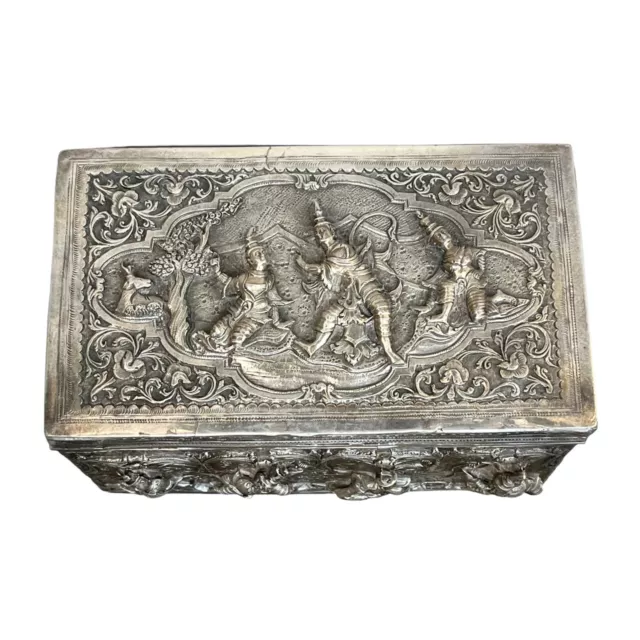 Vintage Burmese Large Silver Repousse Box Lid Dancing Figures