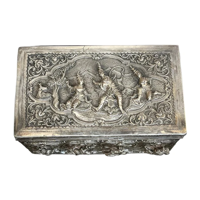 Vintage Burmese Large Silver Repousse Box Lid Dancing Figures