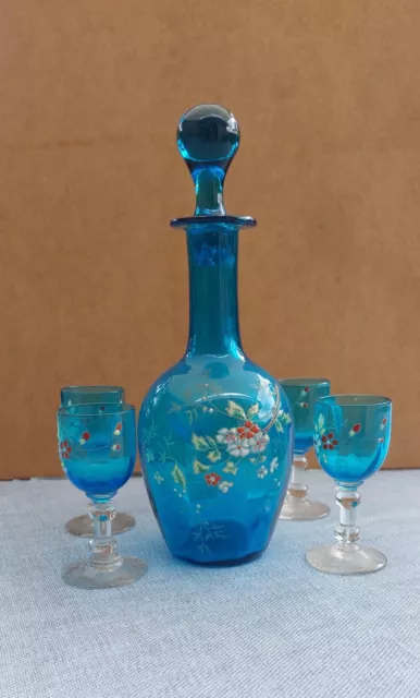 Service à liqueur Carafe Verre soufflé Bleu Emaillé Décor Floral Ancien 1900