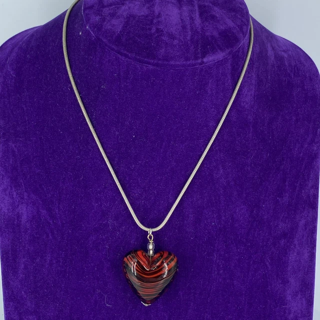 Heart Pendant Necklace Silver Tone Black Red Glass Bubble Heart 17”