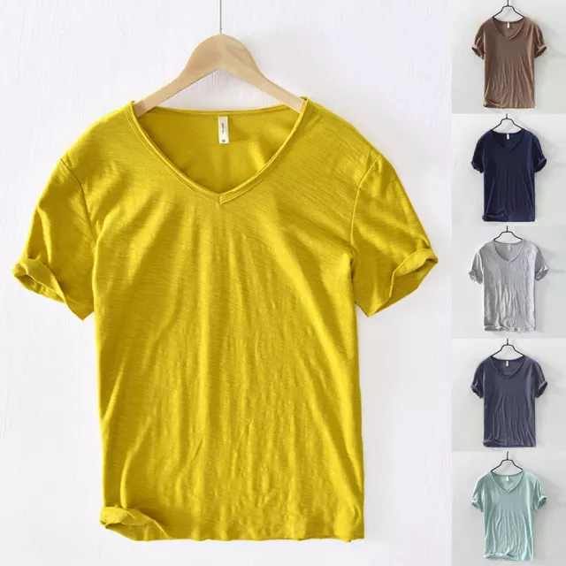 Camicia Da Uomo In Cotone Top Estivo T-Shirt Basic Tinta Unita Casual Scollo -