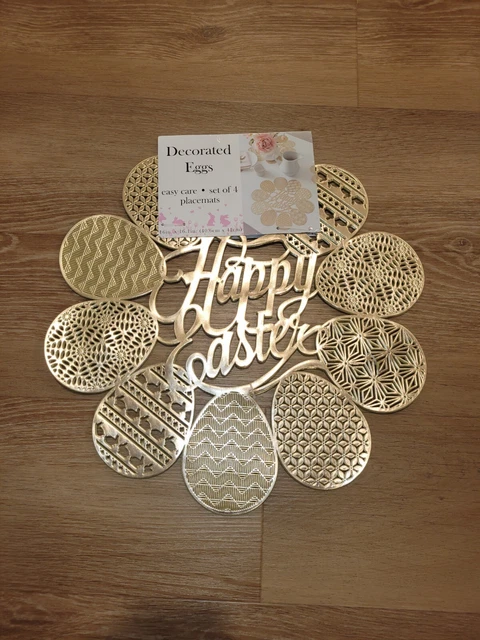 Benson Mills Vinyl Shiny Gold Placemats Decorated Egg Shaped Set 4 New