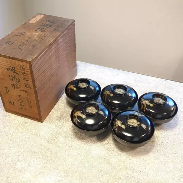 Japanese Taisho/Showa Wooden Lacquerware, Black Lacquer, Gold Pine And Crane, So
