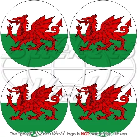 Rotondel bandiera del Galles, drago rosso gallese di Cadwaladr CYMRU 50 mm adesivi decalcomanie x4