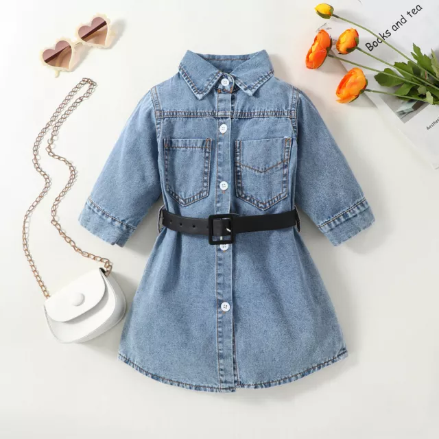 Kids Toddler Baby Girls Spring Summer Solid Long Sleeve Princess Dress Jeans