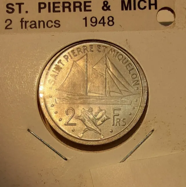 1948 St Pierre & Miquelon Aluminum 2 Francs Coin Winged Liberty  UNC