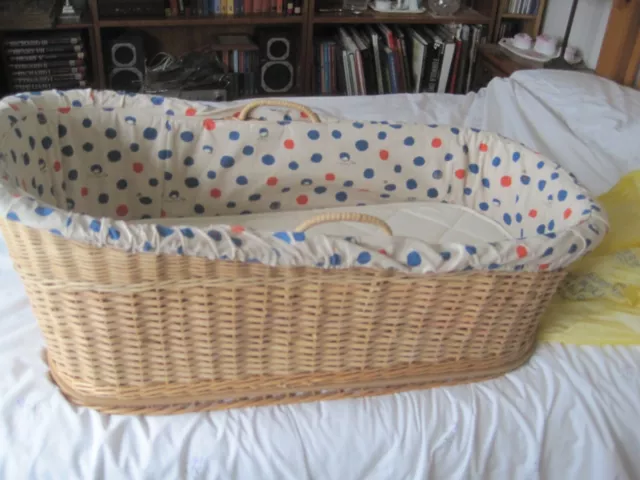 Vintage Lined Wicker Moses Basket with Green Sheep Mattress