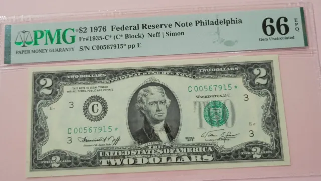 Fr#1935-C* $2 1976 Federal Reserve Note Philadelphia PMG 66EPQ GEM UNCIRCULATED