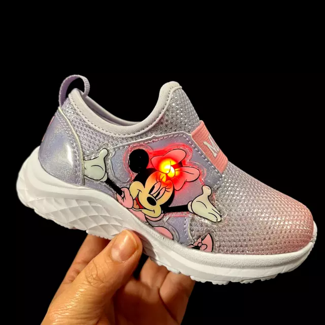 Disney Minnie Mouse Toddler Girls Light Up Sneakers Size 8 Pink Lavender Slip on