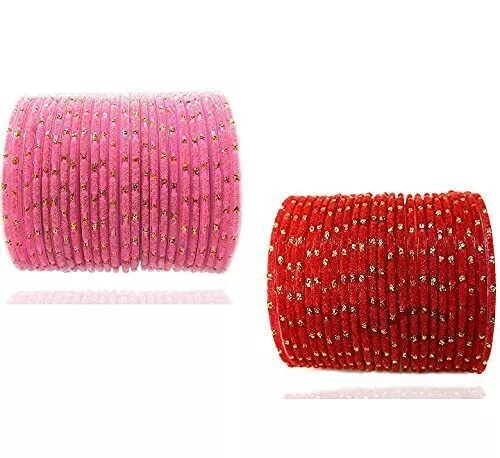 48 Teile Pink/Rote Farbe Indischer Stil Samt Punkte Glas Armreif Set Schmuck