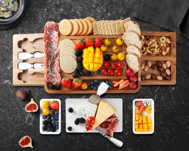 Acacia Cheese Board & Knife Set- 2 Side Magnetic Storage Trays Housewarming Gift