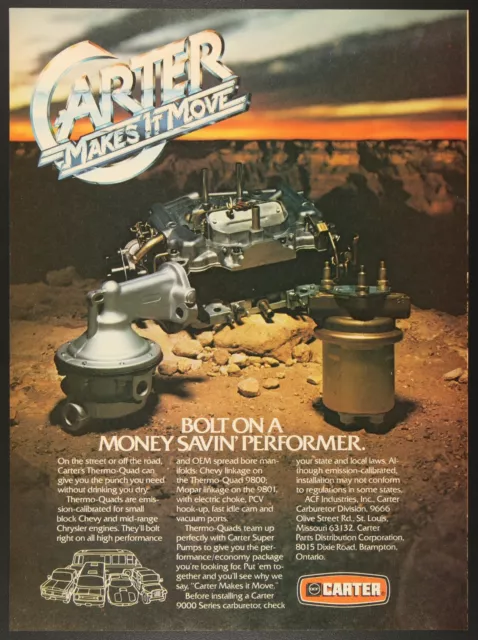 Carter Thermo Quad Carburetor Super Fuel Pump Vintage Print Ad 1980