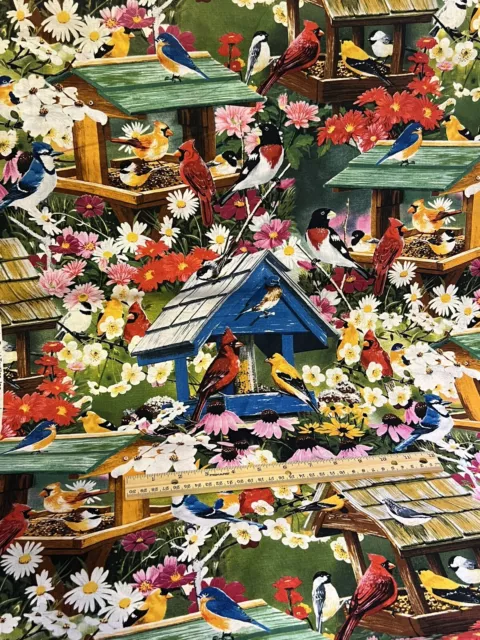 BIRDS Songbird Bird House Flower Garden LARGE PRINT 100% Cotton Fabric By Yard