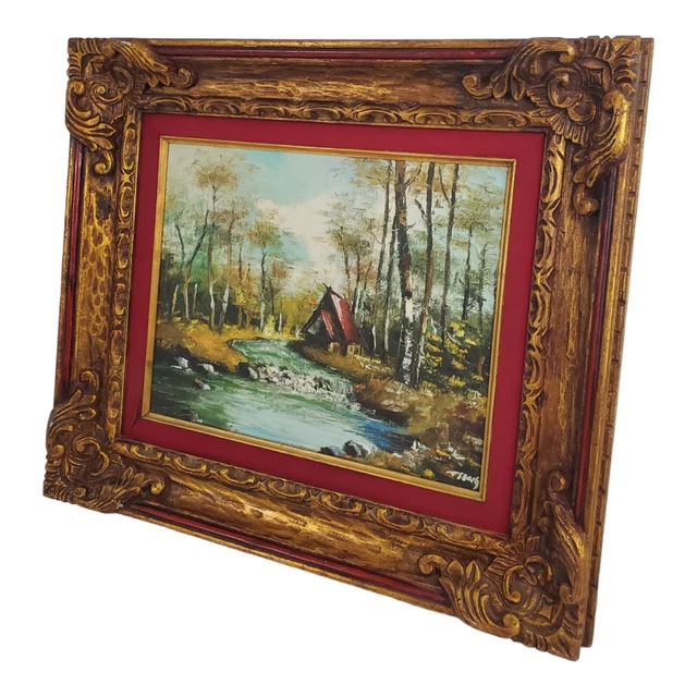 VINTAGE LANDSCAPE OIL Painting Cabin Woods On Canvas Signed Ornate Wood ...