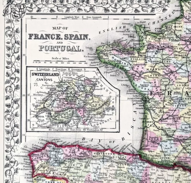 1867 France Portugal Spain Map ORIGINAL Paris Madrid Lisbon RAILROADS LARGE