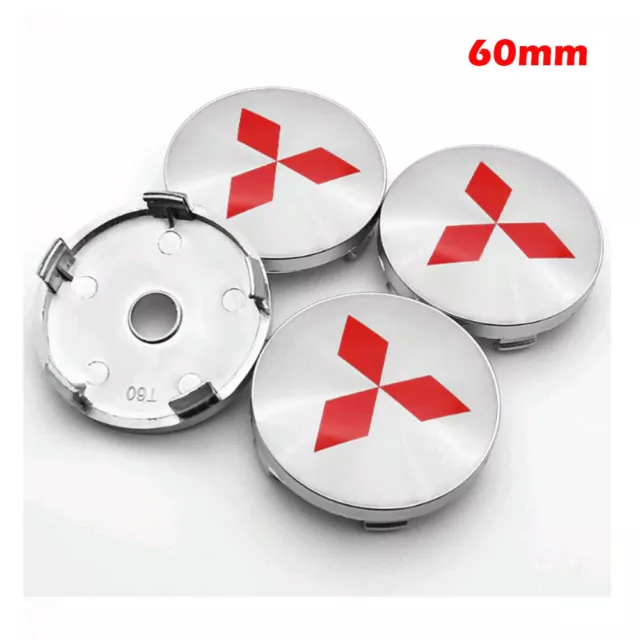 4X 60mm Emblème Logo Moyeux Capuchon Enjoliveur Pour Mitsubishi Voiture Argent