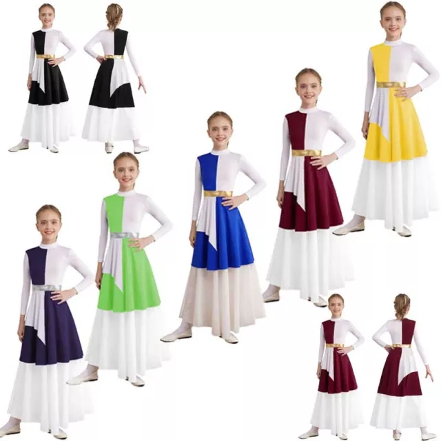 Kids Girls Dancewear Worship Costume Patchwork Dress Long Sleeve Metallic Dance