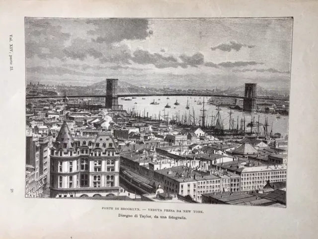 Stampa Antica - Stati Uniti - Ponte di Brooklyn, veduta presa da New York - 1897