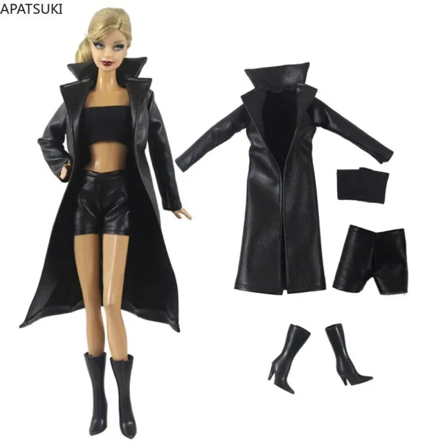 Black Leather Clothes Set For Barbie Doll Outfits Coat Jacket Top Shorts Boots