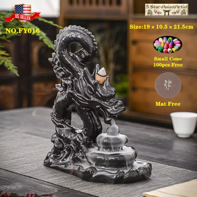 Ceramic Backflow Incense Burner Dragon Waterfall 016 & 60pcs Cones Gift