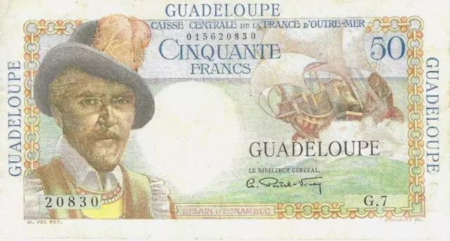 Guadeloupe 50 Francs (1947) ~ P-34 ~ Attractive & Bright Choice Very Fine Note
