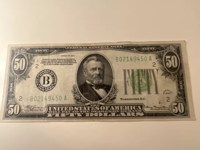1934 $50 Dollar Bill Federal Reserve Note FRN New York Lime Green Seal