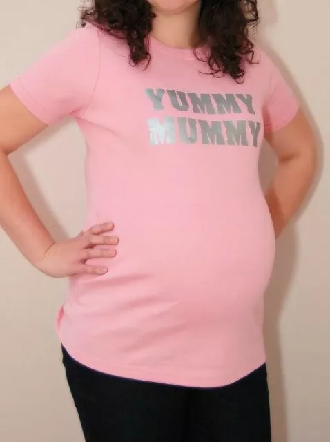 Maternity Slogan T shirt Yummy Mummy Pink & Silver Size S/M 10-12