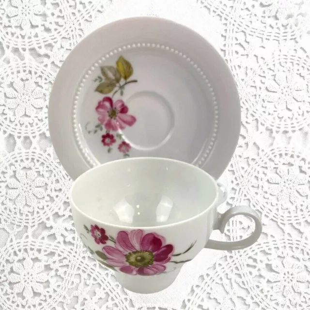 Eschenbach China Tea Cup & Saucer Bavaria Germany White Pink Flower Beaded Trim