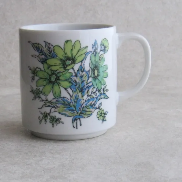 Floral Mug Blue Leaves and Green Flowers Ceramic Japan Vintage 1960s Coffee Cup